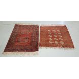 2 small Old Persian Floor Rugs – both Bacarra pattern, red ground, on wool backs – 95x90cm & 110 x