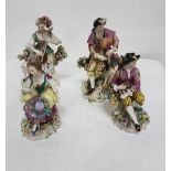 Matching pair of fine porcelain late 19th C table figures, musicians with sheep and dog at feet (