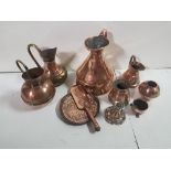 Collection of Copper - 5 jugs, 2 dishes, peacock tray, crumb scoop (9)