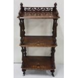 Late 19thC Walnut Whatnot, the fretwork bordered upper gallery over 3 tiers of intricate boxwood and