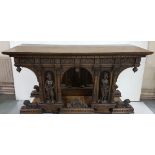 Late 19thC Gothic Oak “Altar Table”, the carved frieze above 2 neo-classical figures and 4 doric