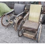 2 x old invalid wheelchairs, 1 covered with horse hair