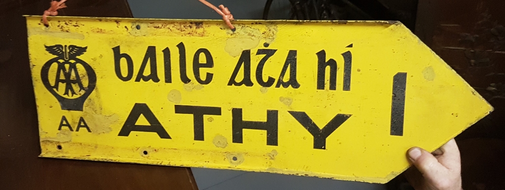 AA Road Sign, painted yellow, in English and Gaelic “Athy 1”, 65cm ...