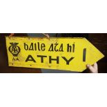 AA Road Sign, painted yellow, in English and Gaelic “Athy 1”, 65cm approx., double sided