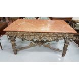 Early 20thC Heavily Carved Gilt Wood Centre Table, the rectangular red marble top over the foliage