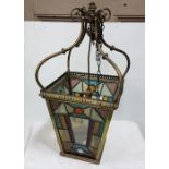 Edw. Brass Framed Hall Lantern (electrified), with coloured leaded glass inserts (some damage), 23”