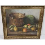 V BAIXOY early 20thC Oil on Canvas - Still Life, copper pot beside orchard fruit and a melon, 45cm x