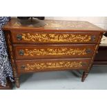 Marquetry Inlaid Chest of Drawers, 3 long drawers supported on tapered legs, 46w x 37”h