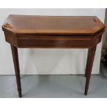 Late 19thC Sheraton Mahogany Fold-over Tea Table, the top and apron crossbanded with satinwood, with