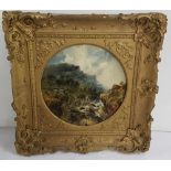 19th Century oil on canvas, River and Mountain Scene, 33cm x 33cm, in a circular shaped insert and a