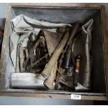 Boxed lot of old tools, hammers, oil gun etc