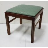 Modern Bedroom Stool, on square mahogany legs, removeable green fabric upholstered seat