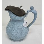 Wedgewood Type Jug with pewter hinged lid. Lavishly decorated. 24cms high