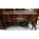 Edwardian inlaid mahogany writing desk with 2 bowed side drawers and central drawers, brass drop