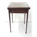 Edw. Inlaid Mahogany Envelope Card Table, with a green beize interior, on tapered legs 20” square