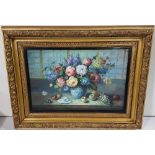 “Summer Floral Melody, in a blue pot”, large oil on canvas, in a decorative gilt frame, 36cm h x 1.