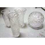 4 pieces of fine cut traditionally Irish crystal items – a rose bowl and 3 vases, all as new