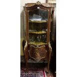 19thC Vernis Martin Display Cabinet, the bow shaped front door enclosing 3 velvet-lined shelves,