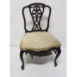 19th C mahogany side chair, with decorated slat back, cabriole legs, shaped front, 23"w seat