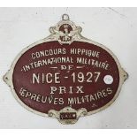 CONCOURS HIPPIQUE PRIX metal stable plaque, NICE 1927, 10"w x 8.75"h, initialled GHIM