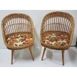 Matching Pair of Basket Weave Wicker Conservatory Armchairs, with floral padded seats