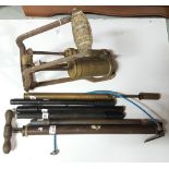 6 x 1950s bicycle pumps, HERCULES, CLARION, BRITTON, BLUENELS, one “FOREIGN", a large brass framed