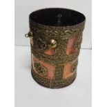 19thC Persian Copper Bucket, intricately brass bound, impressed with dragon designs, 16”h x 11” dia