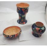 3 pieces of Corona ware, Cremorne Pattern, by Molly Hancock incl. a baluster vase 10”h (1 chip to