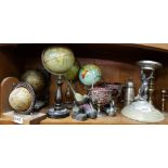 6 ornamental world globes, 2 plated bon bon dishes, cherub stand, 2 bird design pin cushions etc