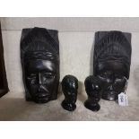 Pair of carved ebony male and female matrimonial masks, each 9”h x 5”w & a pair of small head