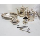 8 Pieces Hotel Plate etc – Teapot, Coffee Pot, sugar bowl, cream jug, 2 entrees, 2 tongs (from the