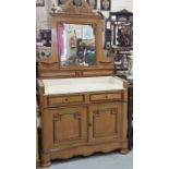 Gothic Oak Dressing Table, with a mirror back and beige marble top, two short drawers and two