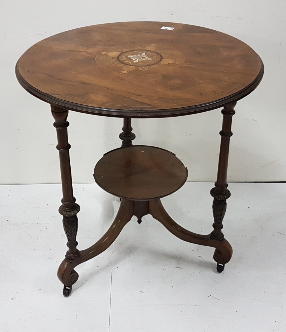 Late Victorian period Circular rosewood table, the top inlaid with mother of pearl decoration and