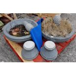 Matching Pair Polished Limestone Garden Urns with pineapple centrepieces, on plinth bases, each