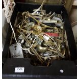 Box of brass ware incl. hooks and rail holders etc, 2 bed warming pans, a fender