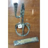 Irish cast iron rush light, with original holder, 11”h and an ATOR cut throat razor (2)