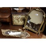 Folding 2-part screen (one side decorated with outdoor tavern scene), a swivel mirror (damaged),