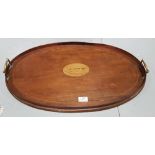 Oval Mahogany Tray, an inlaid central panel and brass carrying handles