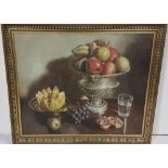 V BAIXOY early 20thC Oil on Canvas - Still Life, apples in a silver-plated urn, also melon and