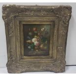 19thC Oil on Panel – Dutch Still Life of Summer Flowers, in a gold vase, 25cm h x 18cm w, in a later