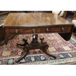Fine Regency Mahogany Sofa Table, the crossbanded top having drop-end leaves, over two apron drawers