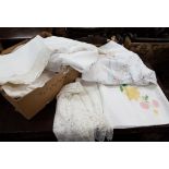 Box of Table Linen, some hand embriordered with floral and other designs