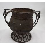 Bronze ceremonial Bowl from Benin, Nigeria, with circular design base, climbing figures on each