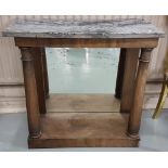 19thC Empire Style Mahogany Console Table, a rectangular grey marble top over two turned pillars and