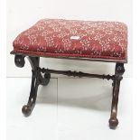 WMIV Rosewood Stool, upholstered red satin seat atop a scrolled and X-framed stretcher, turned ends,