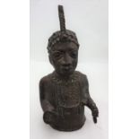 Bronze Bust of a Benin Tribesman/Scribe, wearing a pointed headdress, 12”h x 6”w