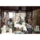 Group of table ornaments - pair of modern Belcari sporting men, dove centrepiece, pair of lady and