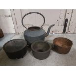 2 Cast Iron Bakers (1 with a lid), a large Kettle (no lid) & a cast iron potty (4)