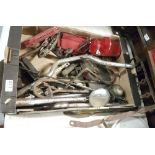 Box of bicycle/small motor parts incl. a LUCAS bell, wing mirror, 1 handle bar, reflectors etc