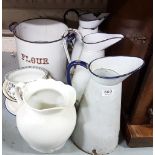 Enamel Ware – 3 Jugs, a Flour Bin, a Pail, plate, potty & a pottery pot and ewer (9)
